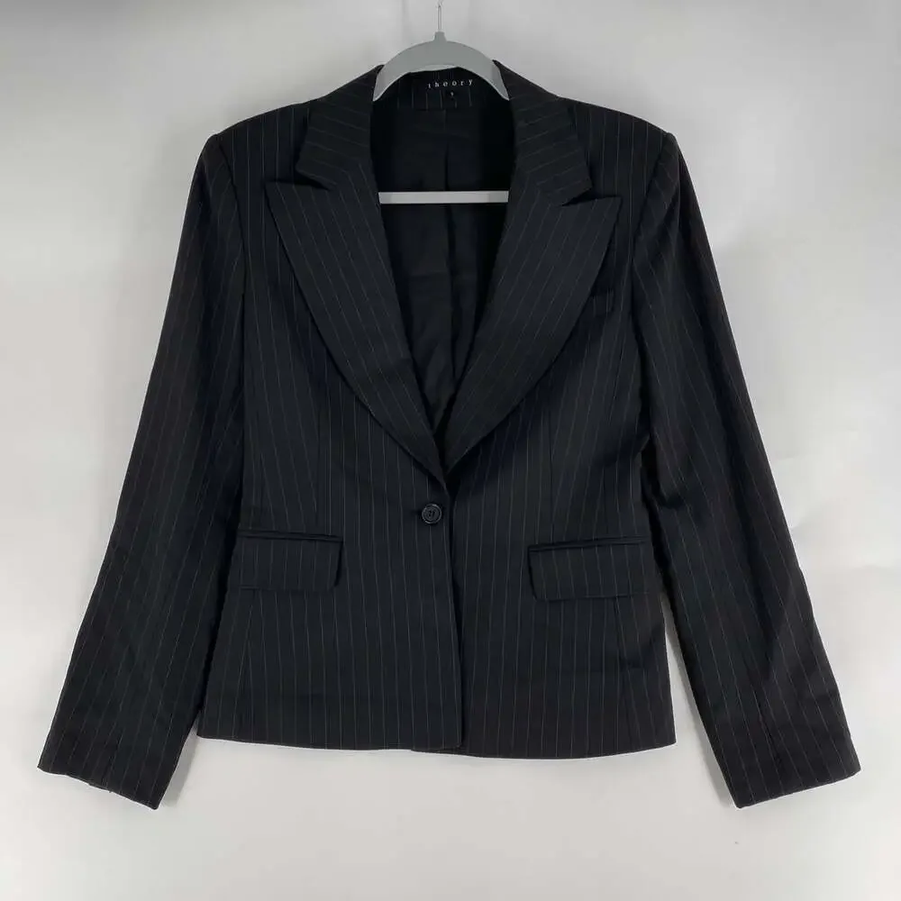 Theory Women’s Size Small Black Pinstripe Wool One Button Blazer Jacket